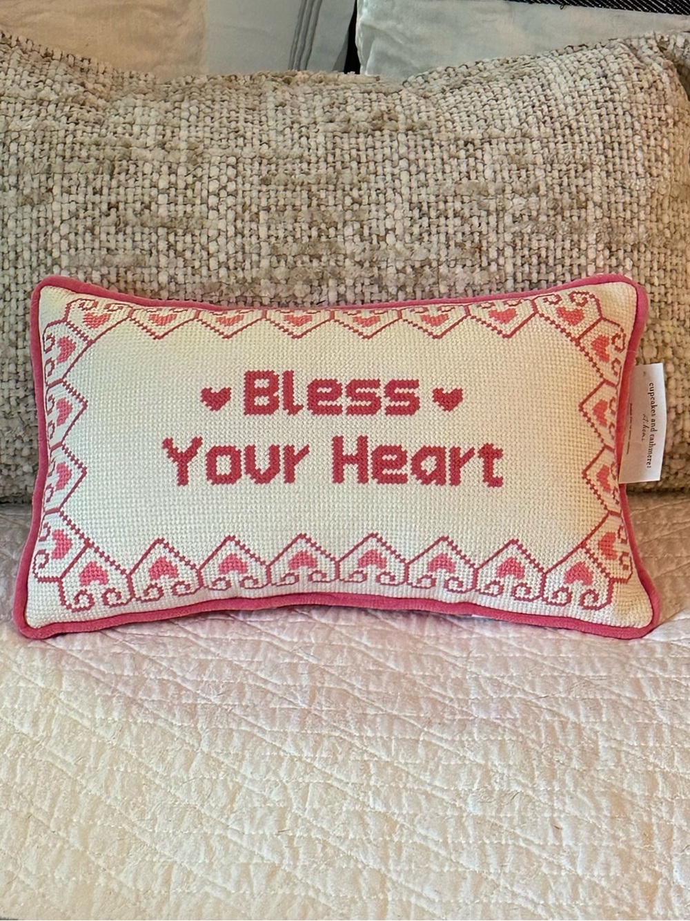 NWT Cupcakes and Cashmere “Bless Your Heart” Needlepoint Accent Pillow💓